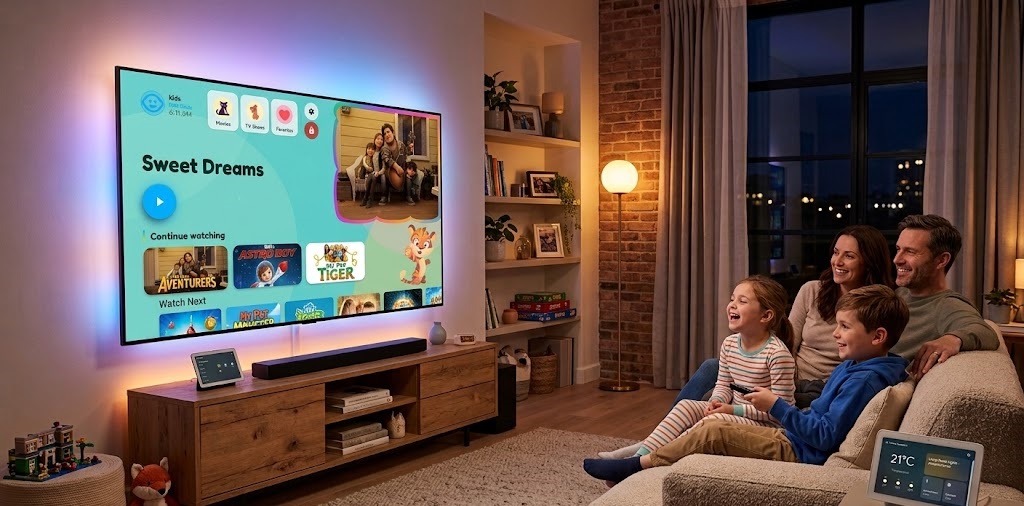 IPTV kurulumu tamamlanmış Smart TV karşısında keyifle izleyen aile